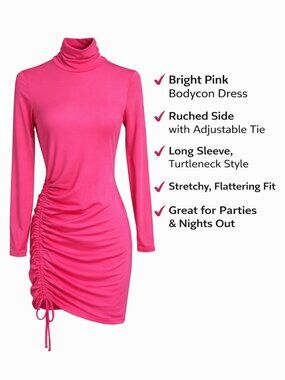 Neon Pink Ruched Bodycon Dress Long Sleeve Turtleneck Size S